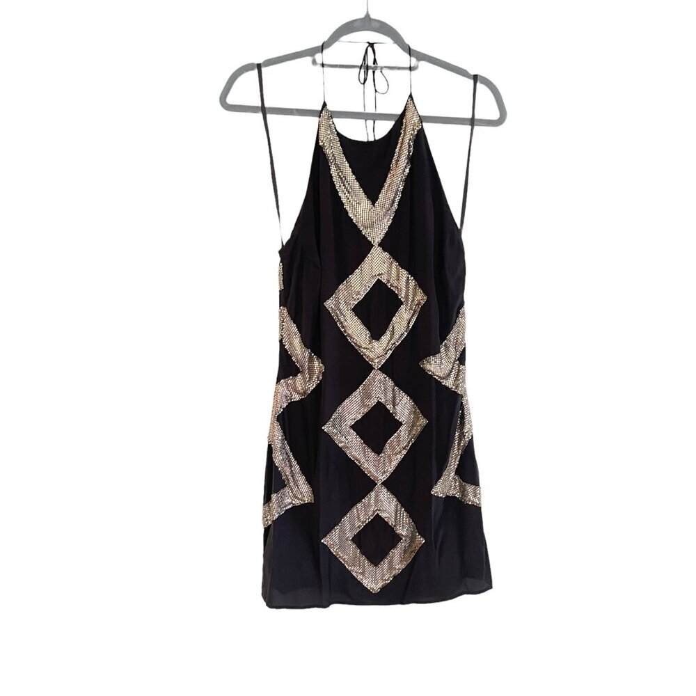 Sheri Bodell Black Silk Sequin Backless Halter Mini Shift Dress Size M